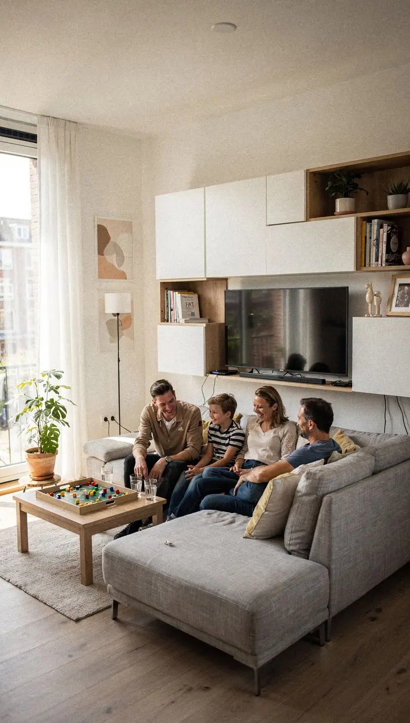 Een slim ingedeelde woonkamer met multifunctionele meubels en sfeervolle verlichting.