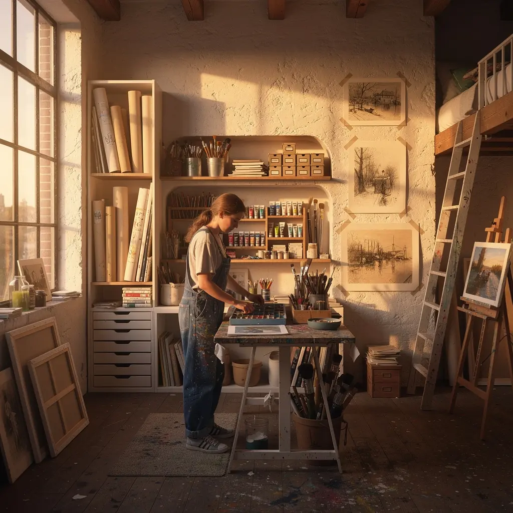 Een gezellige slaapkamer met verborgen opbergruimte onder het bed en warme lichtaccenten.