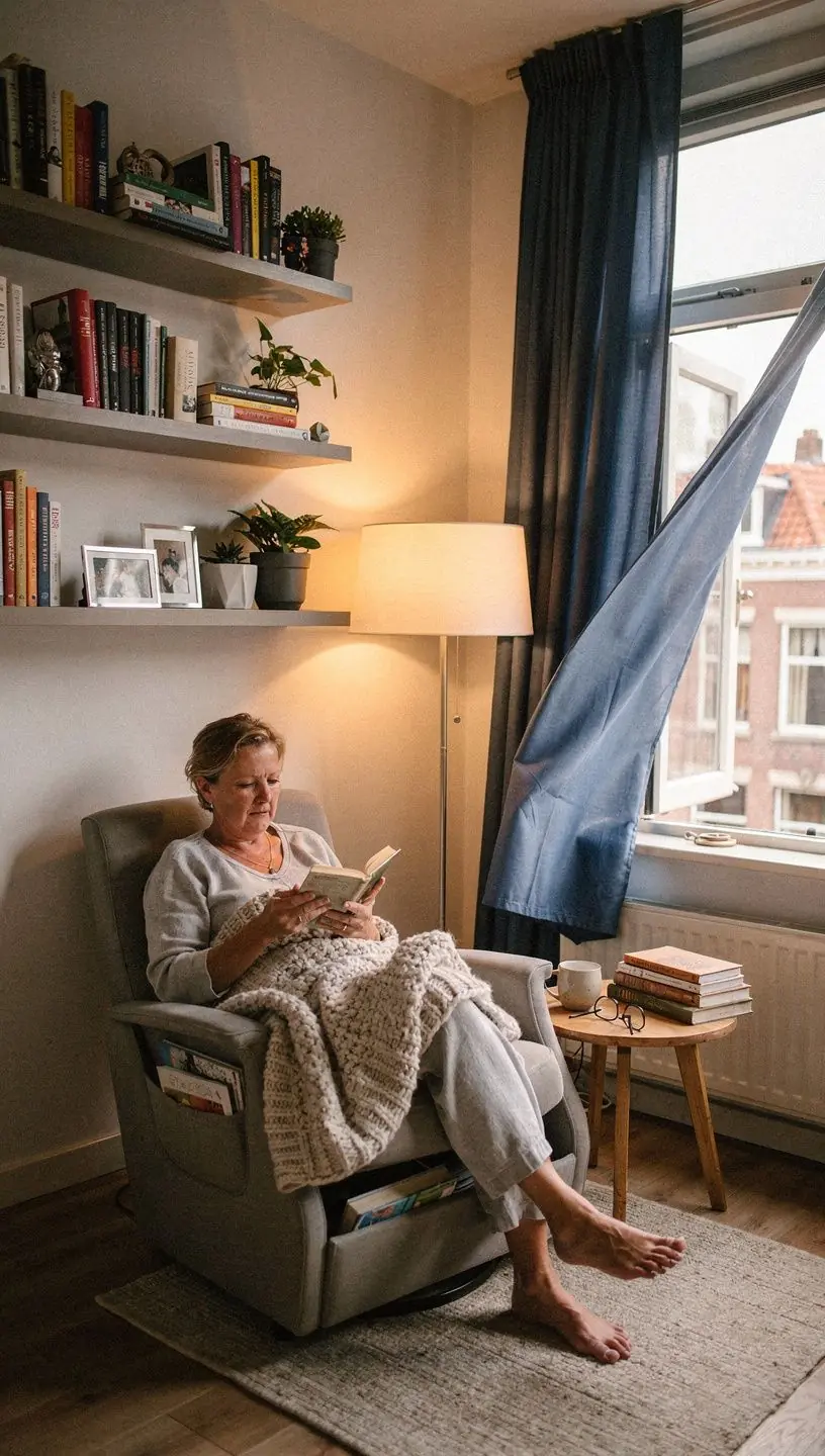 Een creatieve werkplek in een klein appartement met praktische opbergkasten en functionele verlichting.