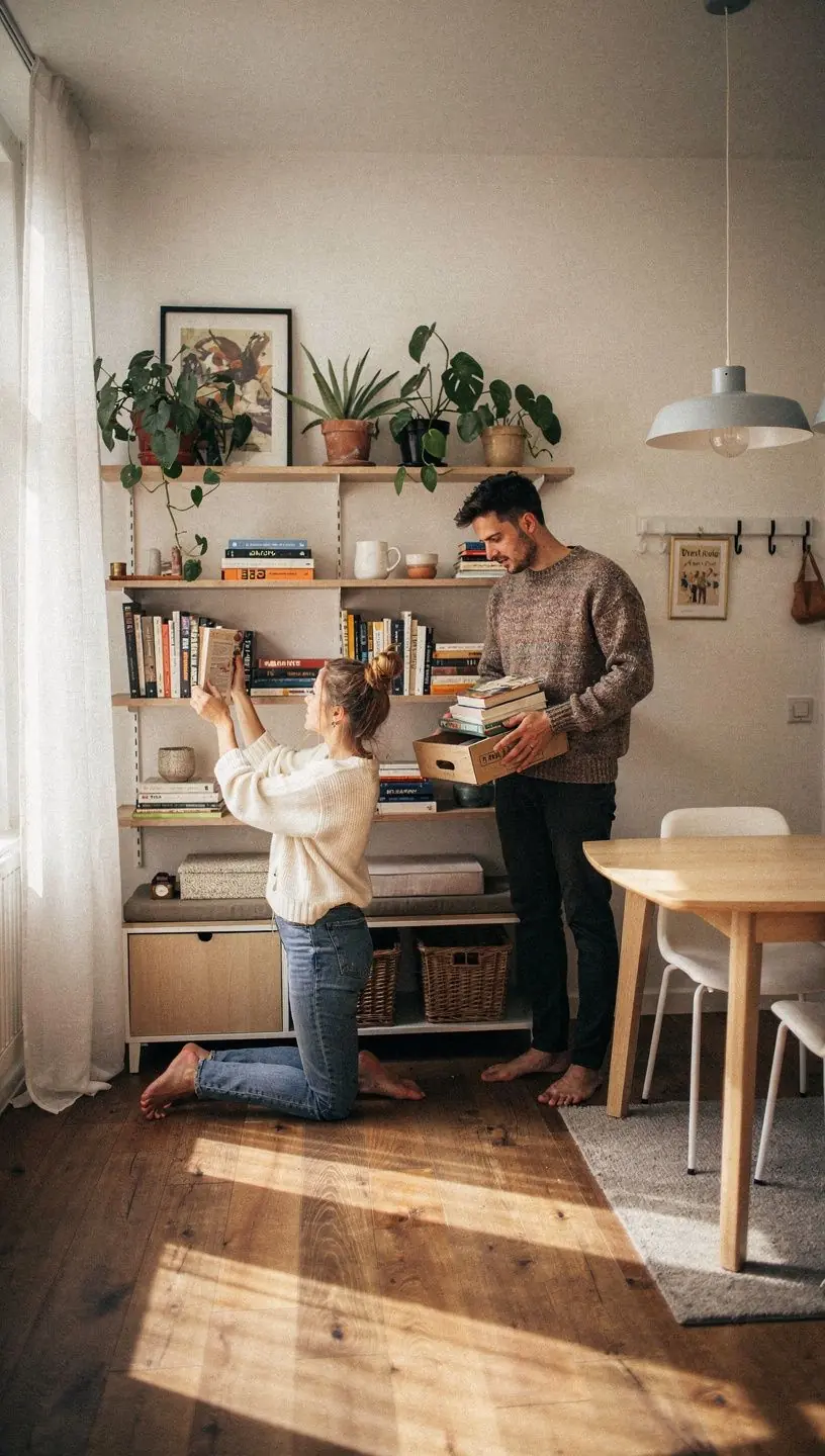 Een functionele hal met slimme opbergunits en uitnodigende wandlampen voor een warme sfeer.